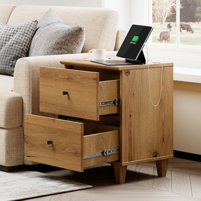 WAMPAT End Table with Charging Station and 2 Drawer for Living Room