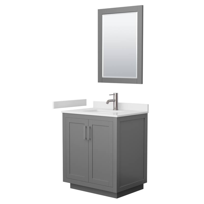 Miranda Single Vanity Set, Cultured Marble Top, 24-Inch Mirror - Dark Gray, Nickel Trim, White Cultured Marble Top