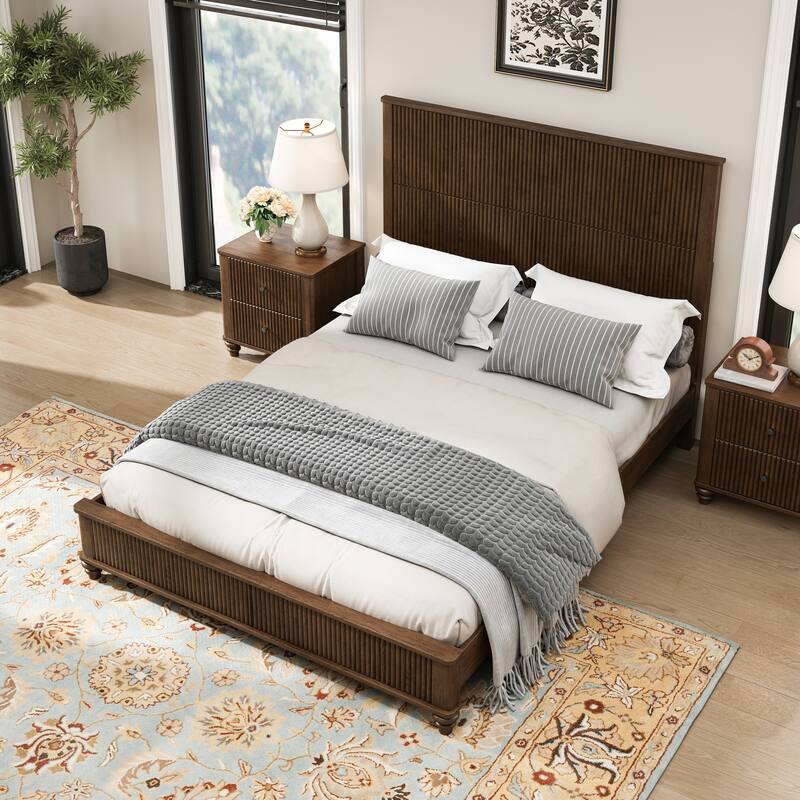 Bedroom Set with Wooden Platform Bed and Nightstands - Walnut Brown(1 Bed+2 Nightstands) - Queen - 3 Piece