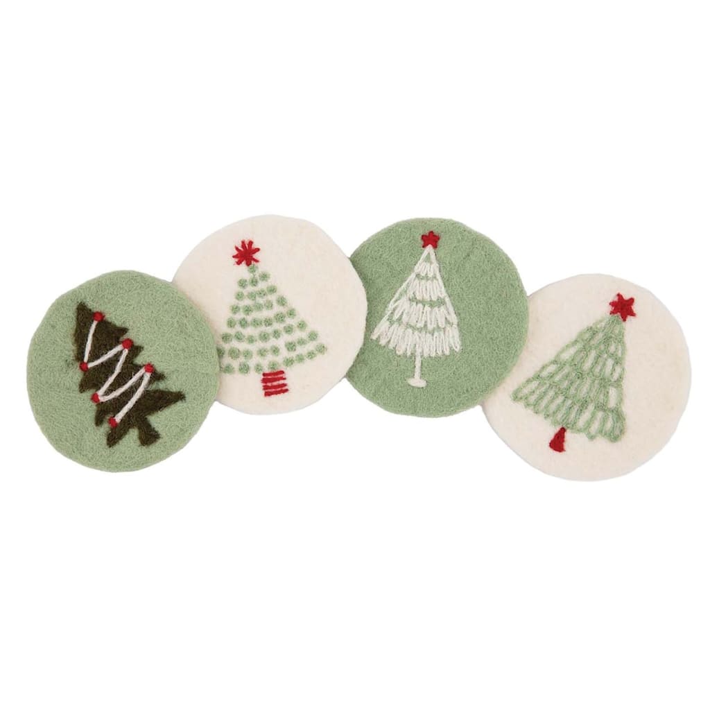 Green/White Felt Wool Holiday Tree Coaster 4 Pack Decorative, Absorbent, Heat Tolerant