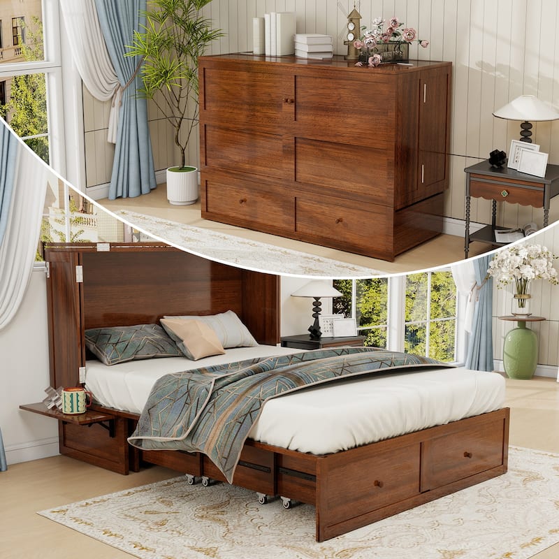 Solid Wood Murphy Bed Full Size with Storage | Space Saving Walnut Cabinet Bed with Easy Pull-Out Mechanism for Bedroom