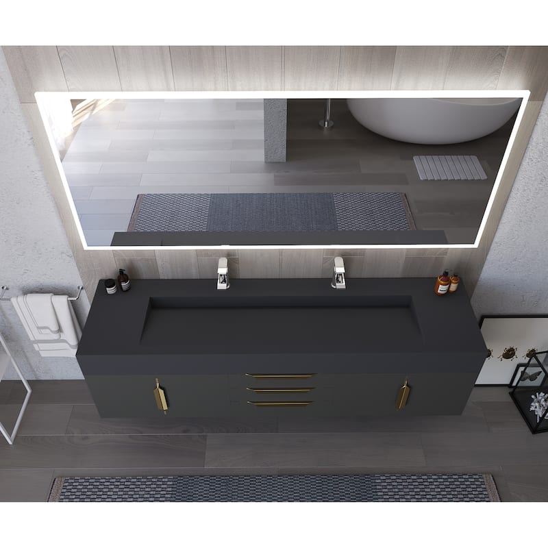 Nile 72" Wall Mounted Bathroom Vanity Set w/ Black Top