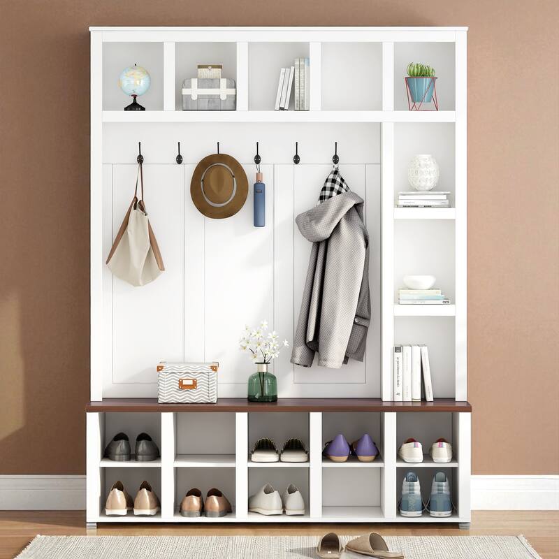 Farmhouse Entryway Hall Tree with Coat Rack, 13 Cubbies Shoe Storage, Adjustable Shelves & Walnut Bench - White