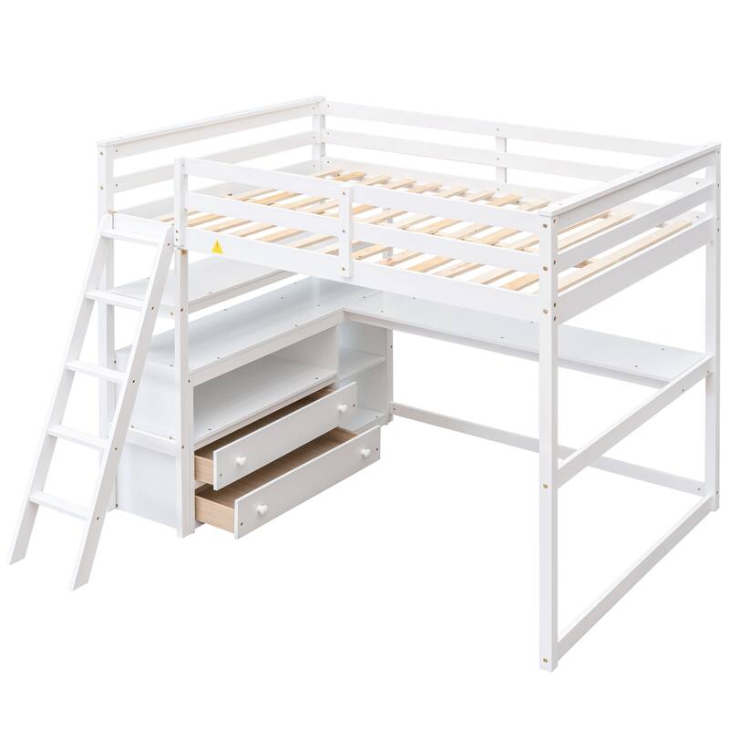 Full Size Loft Bed with Desk, Shelves, and Two Built-in Drawers in White