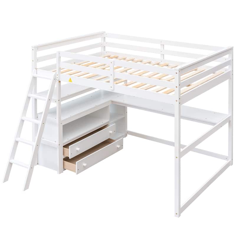 Full Size Loft Bed with Desk and Shelves,Two Built-in Drawers