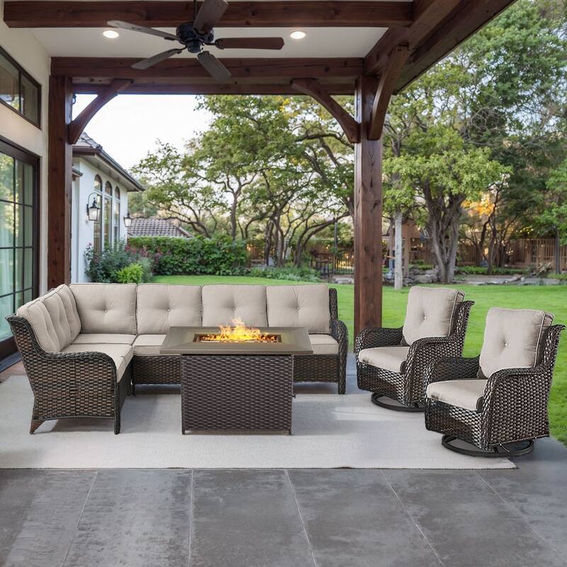 Gymojoy 4-Piece Outdoor Wicker Patio Furniture with Fire Pit and L-shaped Sectional Sofa, Coversation Set with Thick Cushions - Brown Wicker / Beige Cusion - 4-Piece