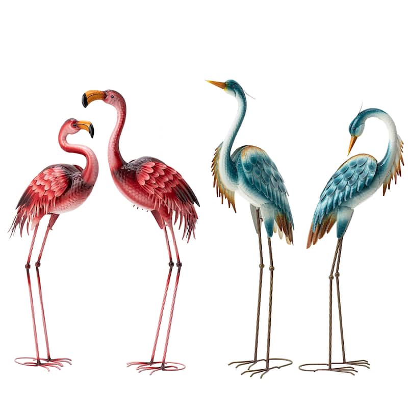 Glitzhome Metal Standing Crane Flamingo Garden Statue with Stakes Yard Art Sculpture Porch Decor
