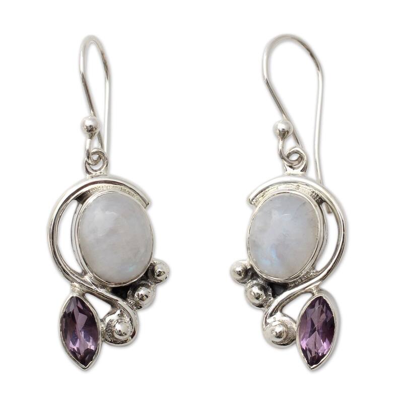 Handmade Sterling Silver 'Yours Forever' Moonstone Amethyst Earrings (India) - 1.6*0.5 - 1.6*0.5 - Purple - White - Amethyst - White
