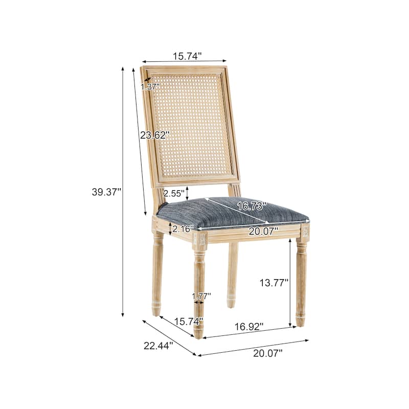 [Set of 2] French Country Dining Chairs - Elegant Cane Backrest & Upholstered Seats with Fluted Legs- Solid Rubberwood Frame