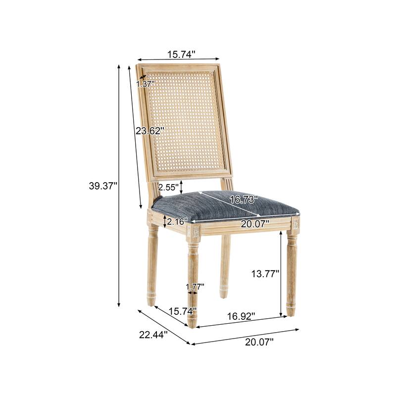 [Set of 2]Dining Chairs -Elegant Cane Backrest & Upholstered Seats with Fluted Legs -Rustic Weathered Finish -Rubberwood Frame