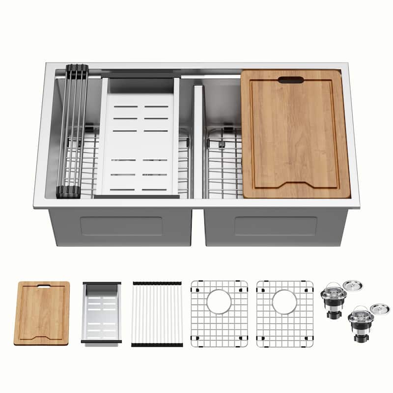 CB HOME 32'' Gold Undermount & Drop in Double Bowl Kitchen Sink, 50/50 Black /Stainless Steel Kitchen Sink with Accessories - 32''x19''x10''-Sink+Accessories - Silver