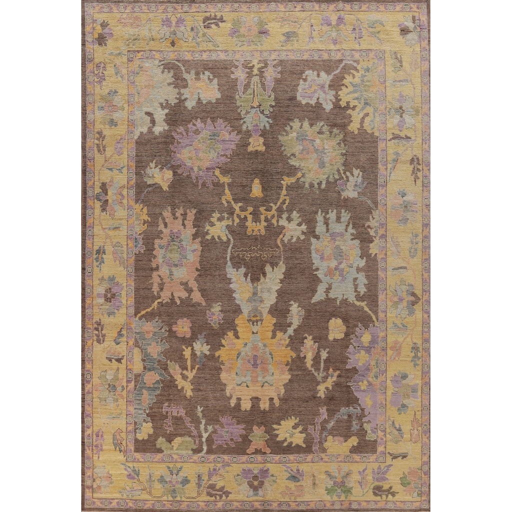 Hand Knotted Oriental 100% Wool Carpet Transitional All-Over Brown Oushak Area Rug - 11' 11'' X 9' 1''