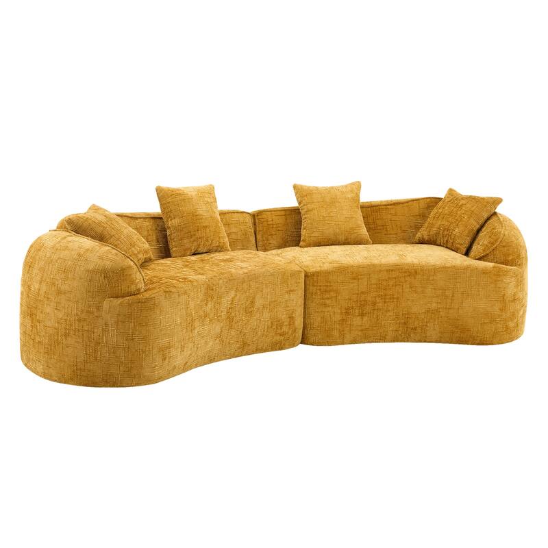 Curved Sectional Sofa with Pillows, Chenille Upholstered 4 Seater Sofa, Full-Compressed Deep Seat Sofa for Living Room