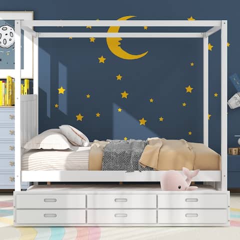 Queen Size 3 Drawers Canopy Bed Floor Platform Bed with Trundle