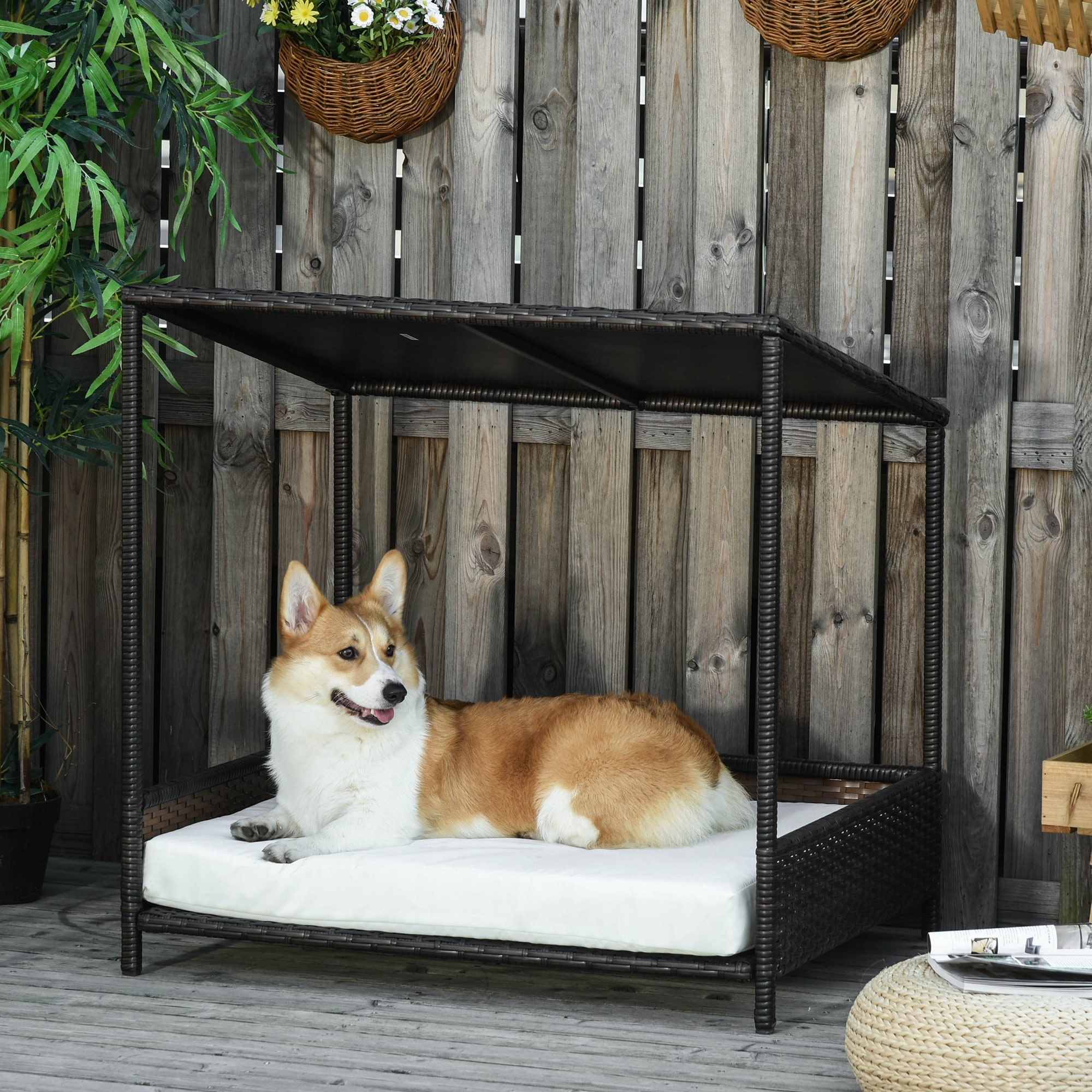 PawHut Wicker Dog House, Rattan Pet Bed, Cat House, End Table Furniture,  with Soft Cushion, Adjustable Feet, for X-Small Dogs