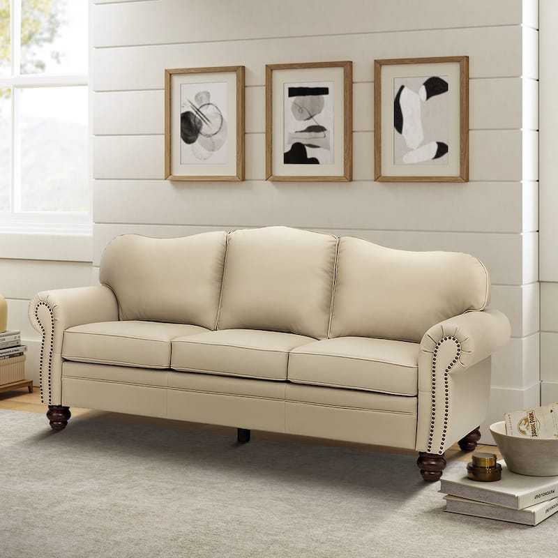 Balvino 81" Wide Transitional Genuine Leather Rolled Arm Nailhead Trim Sofa with Solid Wood Legs and Removable Cushions