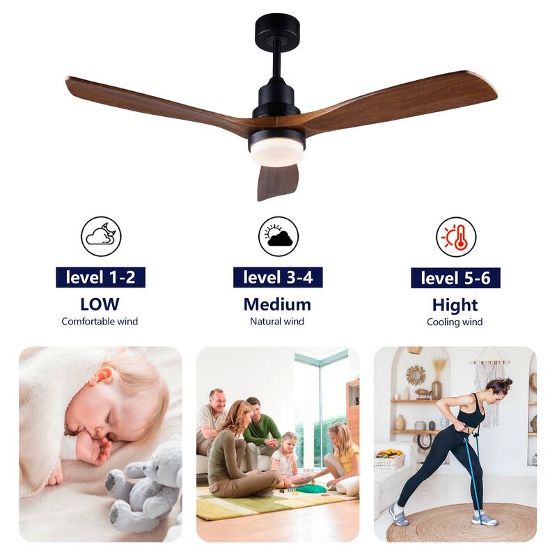 52 Inch Indoor Ceiling Fan With Dimmable LED Light 3 Solid Wood Blades Remote Control Reversible DC Motor