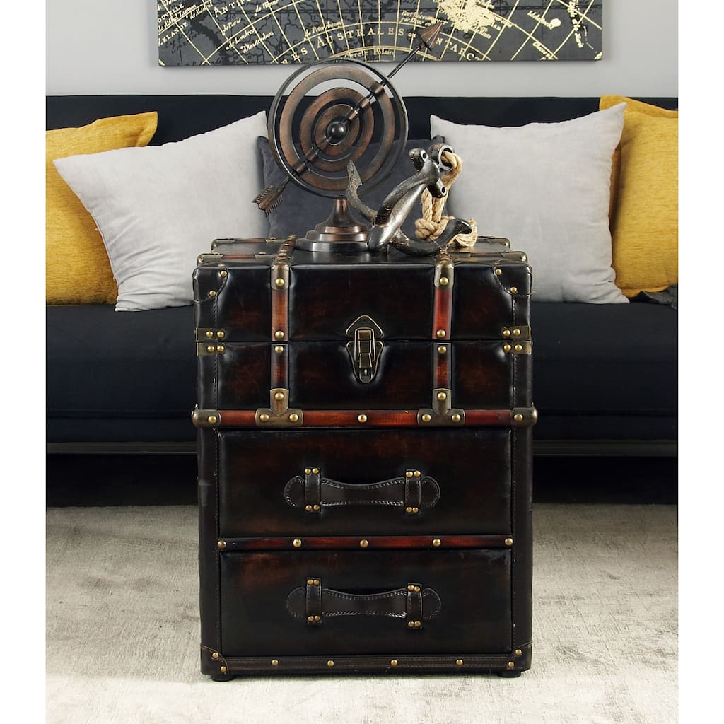 Dark Brown Faux Leather Vintage Faux Leather 2 Drawer Cabinet with Buckle Hinged Top