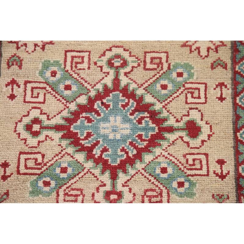 Hand Knotted Oriental 100% Wool Carpet Traditional Geometric Beige & Ivories Kazak Runner Rug - 12' 9'' X 2' 9''