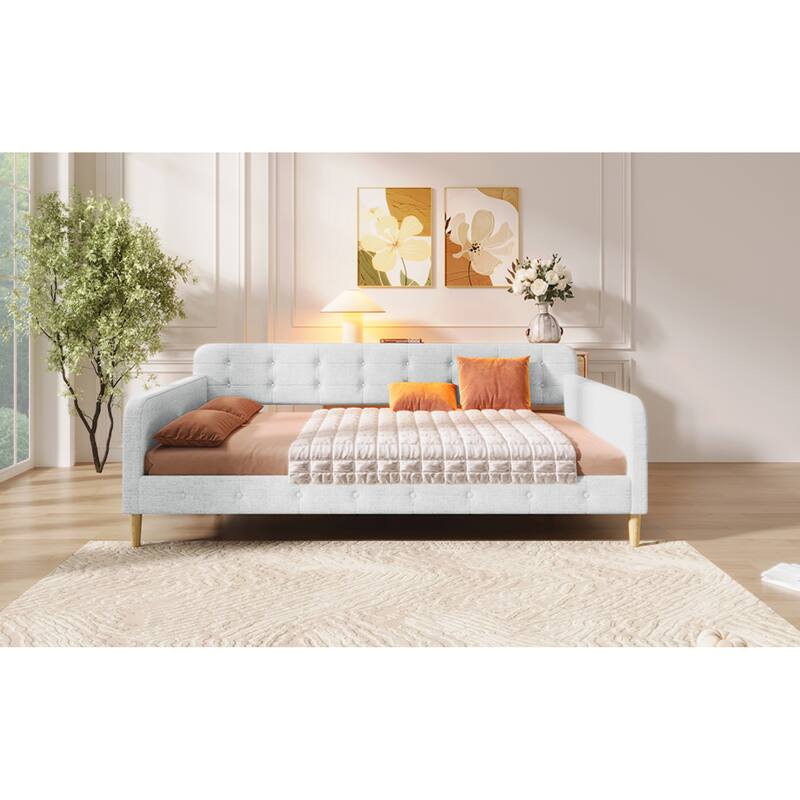 Roomfitters Queen Size Upholstered Daybed, Mid-Century Modern Sofa Bed Frame with Backrest and Tapered Wood Legs
