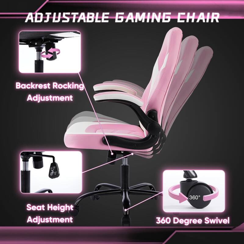 Ergonomic PU Leather Gaming Chair Adjustable Height with Flip-up Armrest for Adults, Kids