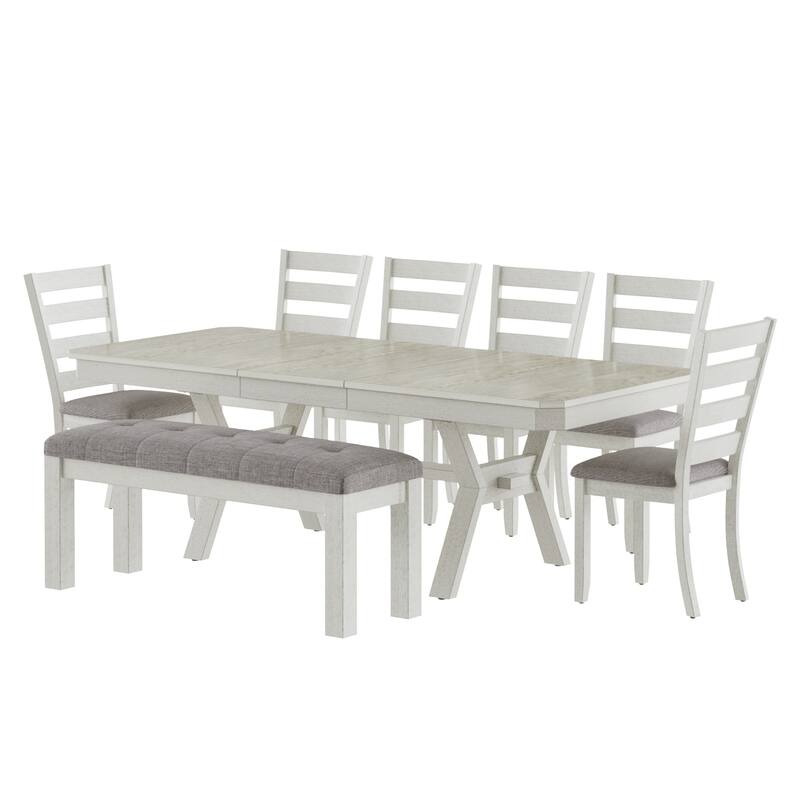 VECELO Dining Table Set with Bench, Solid Wood Rectangular Extendable Dining Table and Chairs Set for 6-8