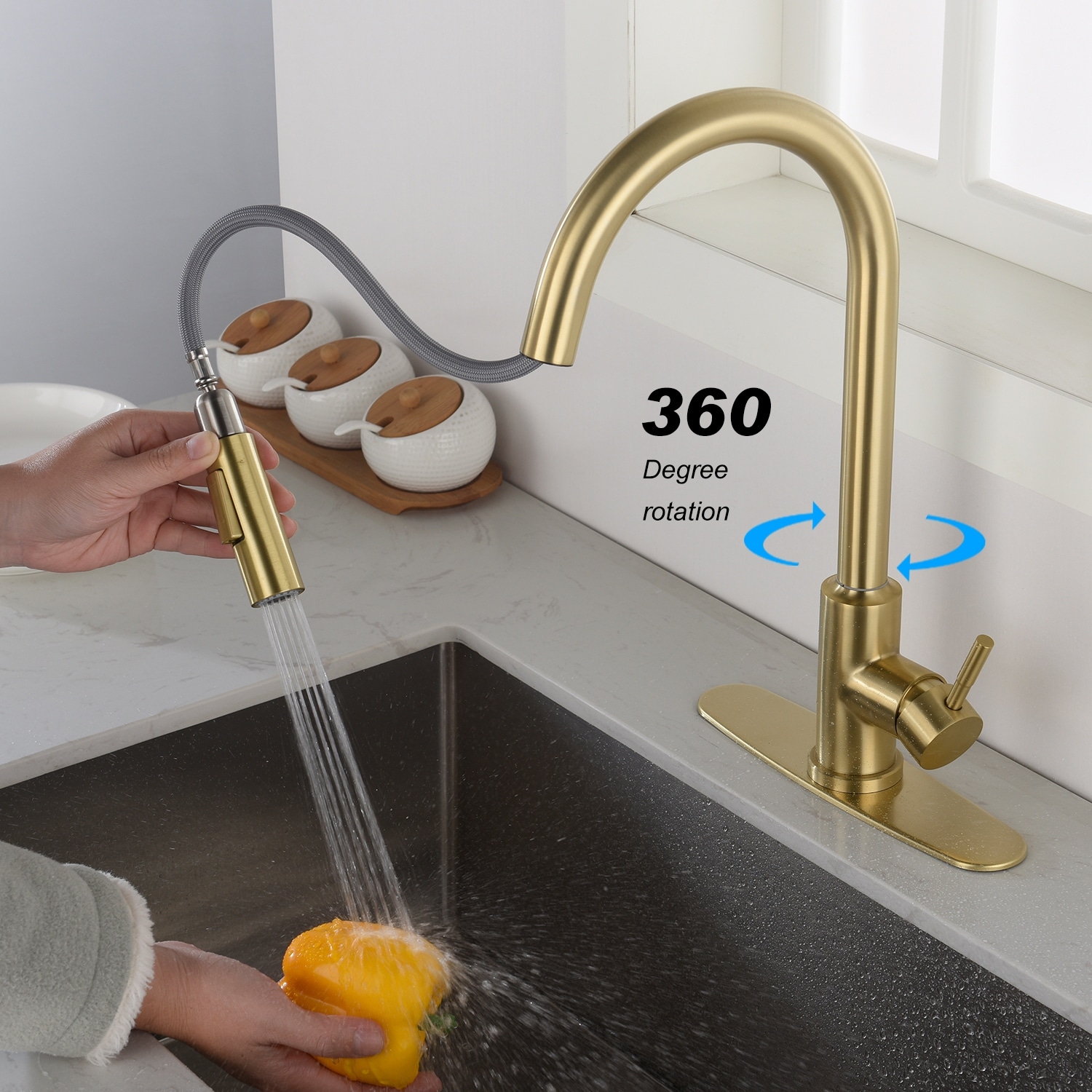 3-Way Brushed Gold 360 Rotary Kitchen Spring-neck Faucet with Pull Down  Sprayer - On Sale - Bed Bath & Beyond - 34934366