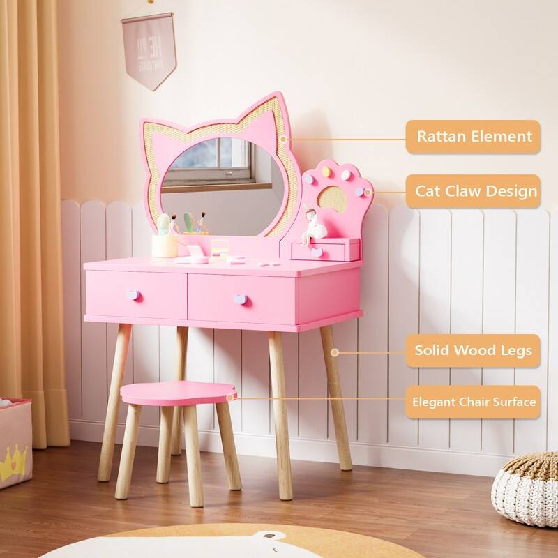 Kids Cat Mirror Vanity Makeup Dressing Table With 7 Pretend Play Accessories - N/A