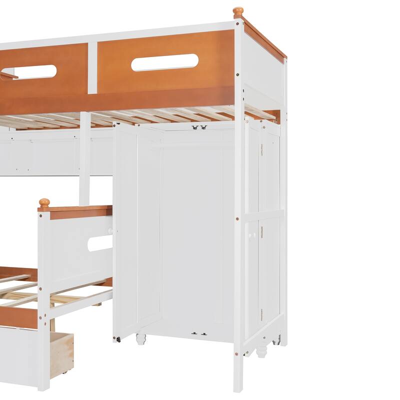 Twin Over Full Wooden Bunk Bed with Wardrobe, Drawers, Shelves and LED Light in White and Orange