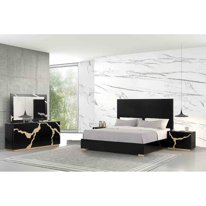 Modern Black & Gold 4PC Bedroom Set Bed Nightstand Dresser Mirror