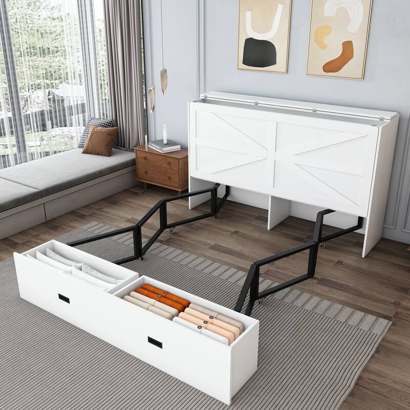 Hidden Folding Murphy Bed with Storage Drawers/Charging Station/Foldable Mattress/Full Size Mobile Cabinet Bed Frame/Noise-free