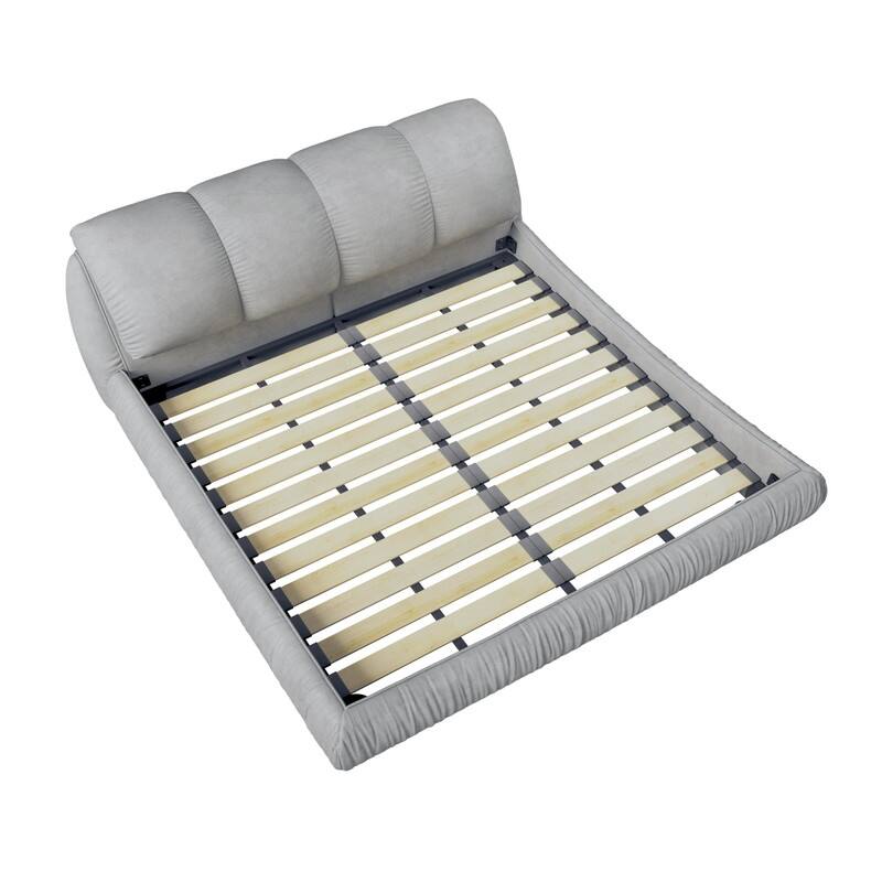 Queen/King Size Upholstered Platform Bed with Oversized Padded Backrest, Low Profile Bed Frame Floor Bed with Thickening Slats