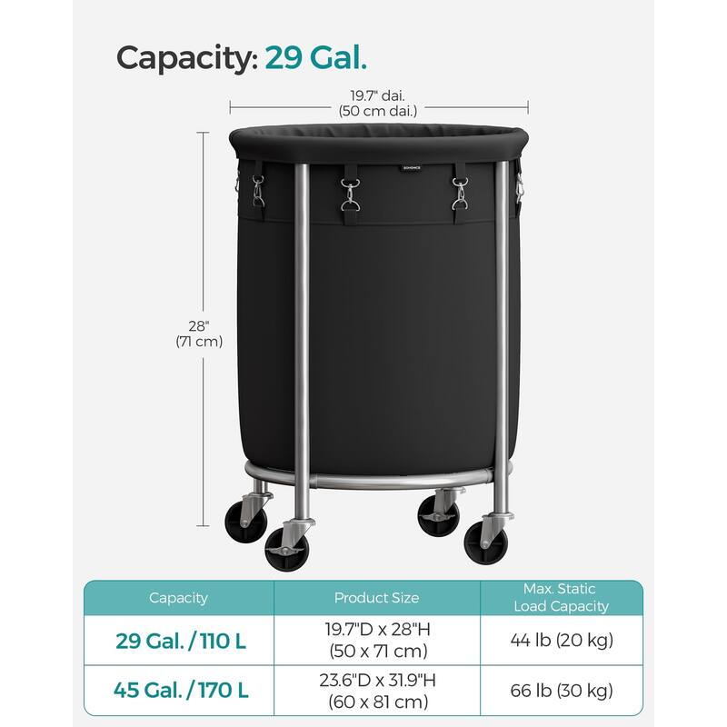 Laundry Basket with Wheels,Rolling Laundry Hamper,29 Gal,Round Laundry Cart with Steel Frame & Removable Bag 4 Casters 2 Brakes