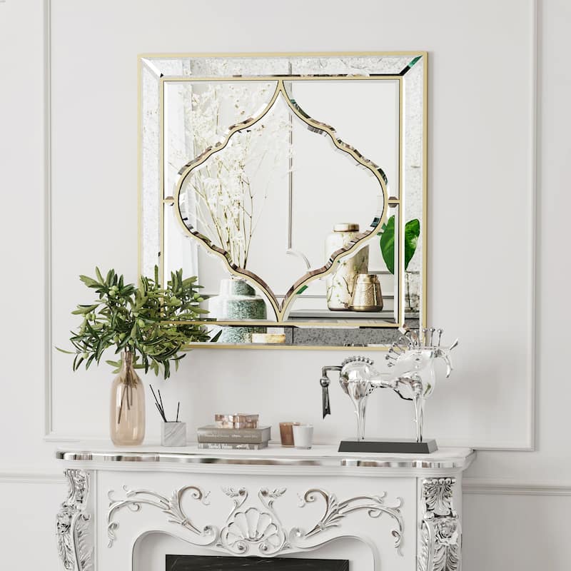 Square Wall Silver Glass Decorative Accent Mirror Golden Rim