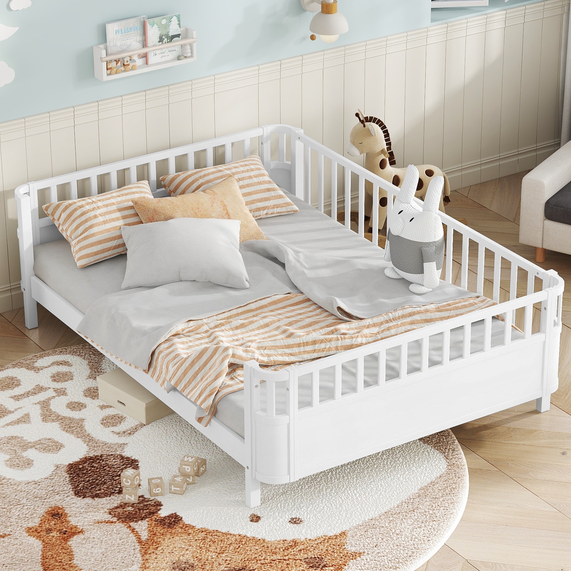 Multi Size Low Platform Bed for Kids with Rounded Corners Guardrails, Detachable Right-side Fence and Open Left-side Design