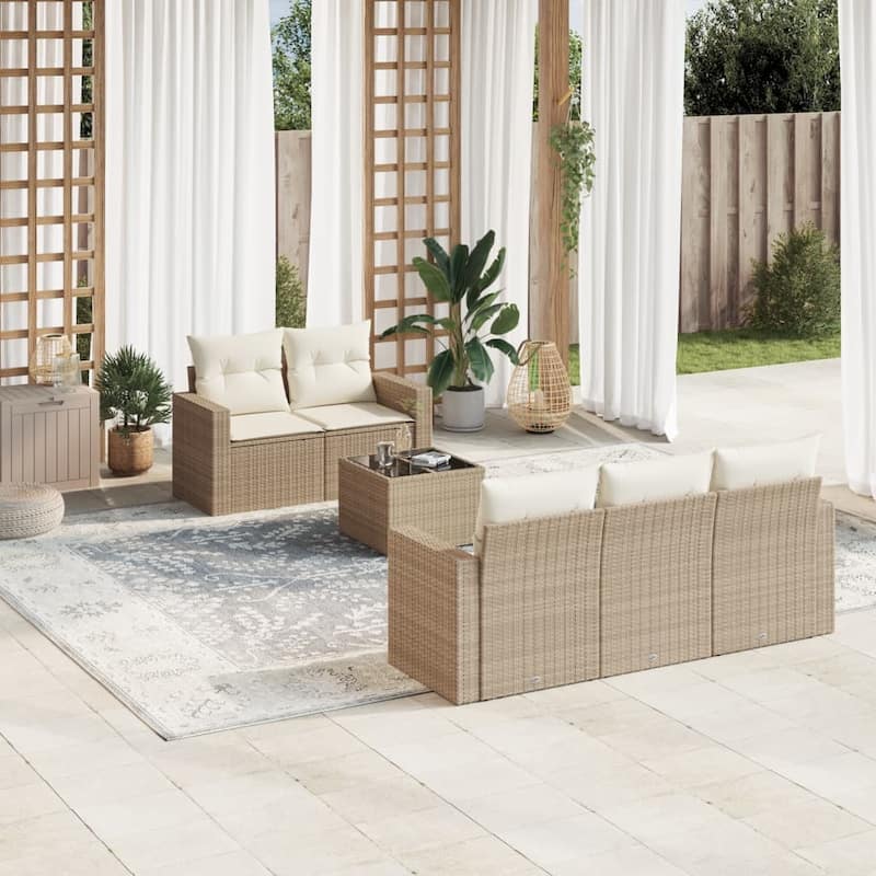 vidaXL Patio Sofa Set with Cushions Outdoor Furniture 6 Piece Poly Rattan - 21.7 x 21.7 x 14.6 - Beige and cream