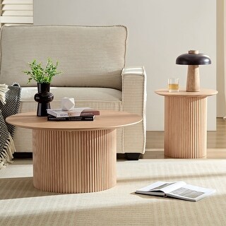 Set of 2 Round Side Table and Coffee Table - Oak/Brown - Bed Bath ...
