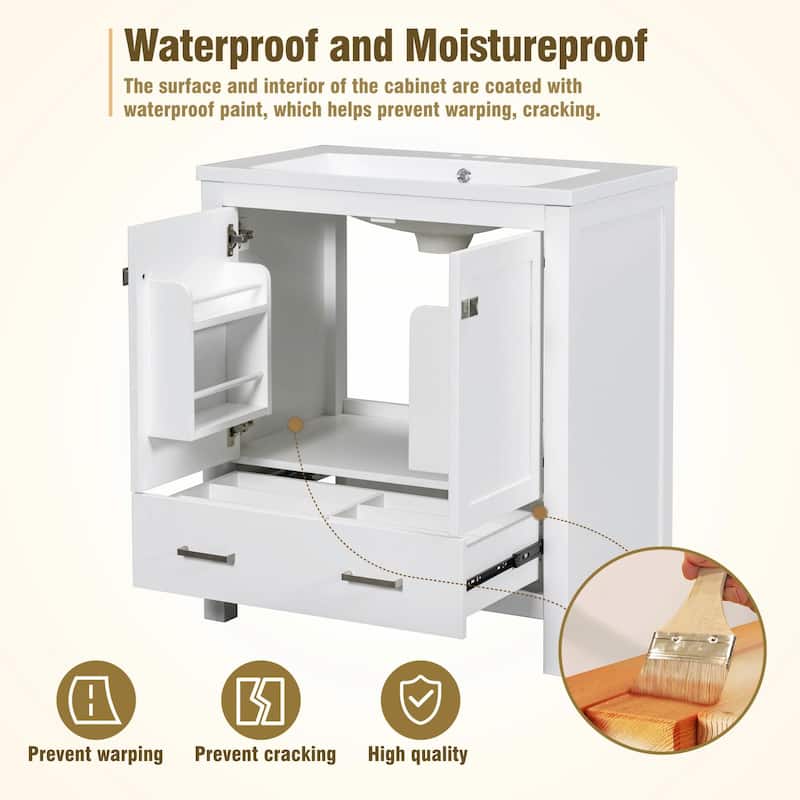 30" White Bathroom Vanity with Single Sink, 2 Doors, and Drawer