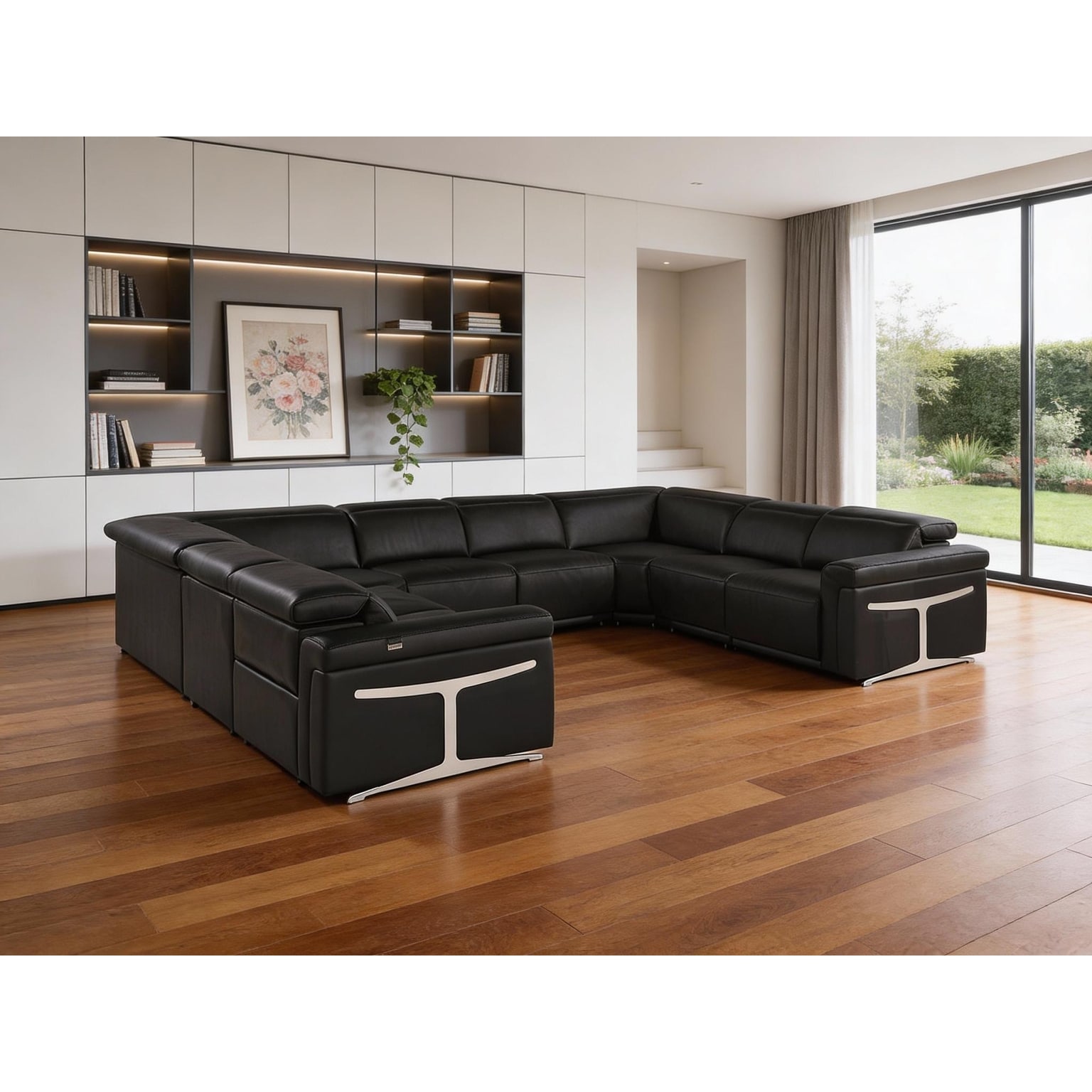 HomeRoots Black Italian Leather Power Reclining U Shaped Eight Piece Corner Sectional With Console