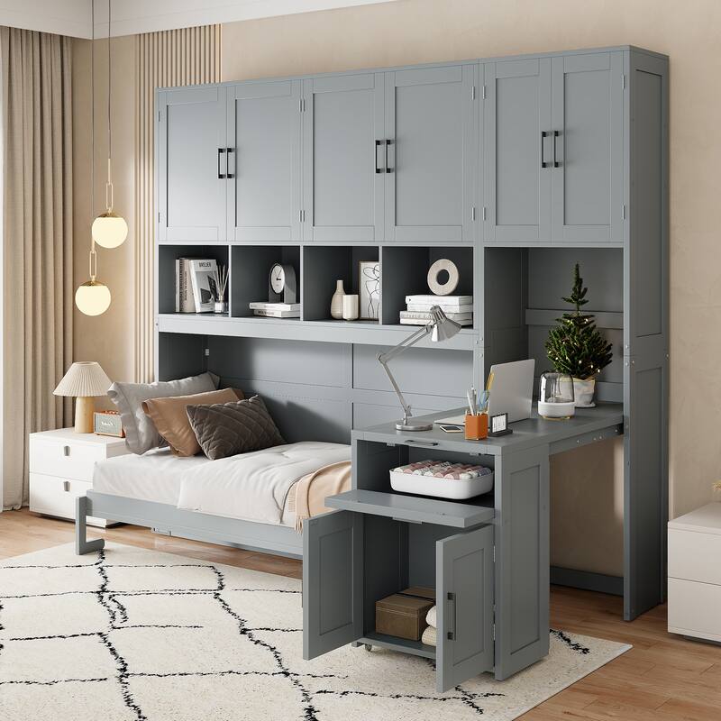 Twin Size Wall-Mounted Murphy Bed with Built-In Closet, Storage Drawers, and Desk - Multifunctional Design - Grey