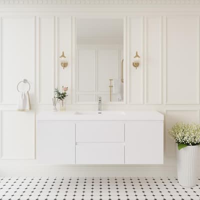 ABRUZZO 60" Floating Bathroom Vanity with Integrated Resin Top Basin 2 Cabinets 2 Soft Close Drawers Full Assembly