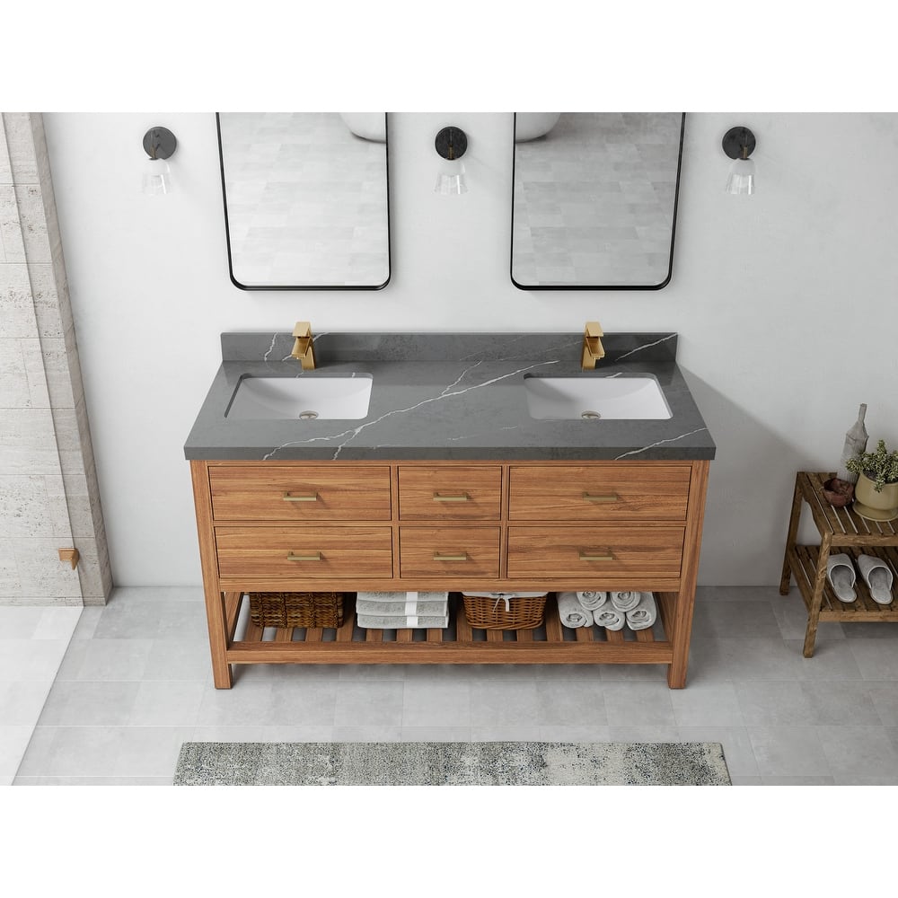 Willow Collections 60 in. W x 22 in. D Parker Solid Teak Double Sink Bathroom Vanity with Countertop
