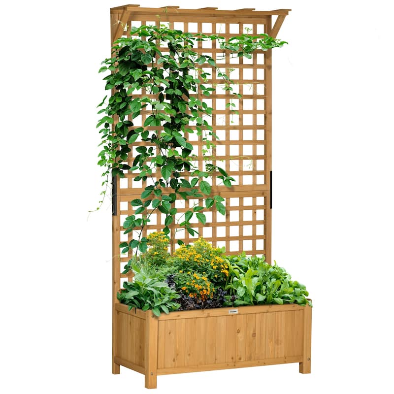 Outsunny Wood Planter with Trellis, Raised Garden Bed for Climbing Plants w/ Drainage Holes and Roof - Yellow