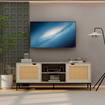Idealhouse Rattan TV Stand for 65+ Inch TV, Rustic TV Console Table with 2 Rattan Doors, Modern Entertainment Center