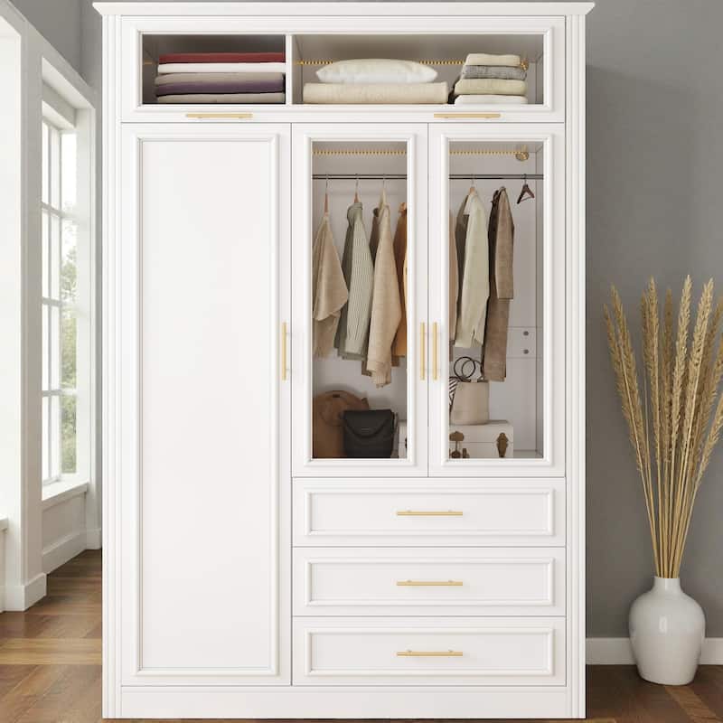 3-Door Wardrobe Armoire Closet with LED Lights and 3 Drawers Pine Wood MDF Clothing Storage Cabinet
