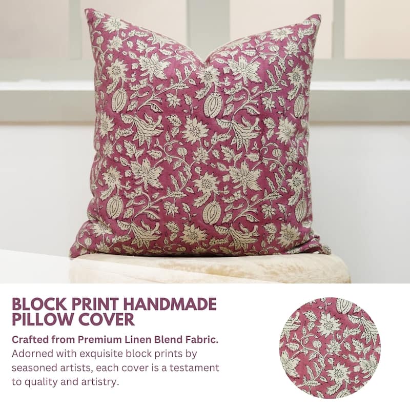 Fabdivine Hand Block printed Boho Floral Pink Pillow Cover for Couch, Dining or Living Room Décor 26x26 Inch, Manikarnika