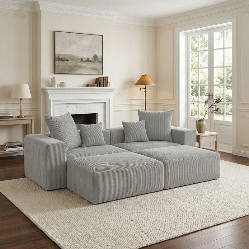 81"W No Assembly Corduroy Modular Sectional Sofa with Ottoman - Light Grey