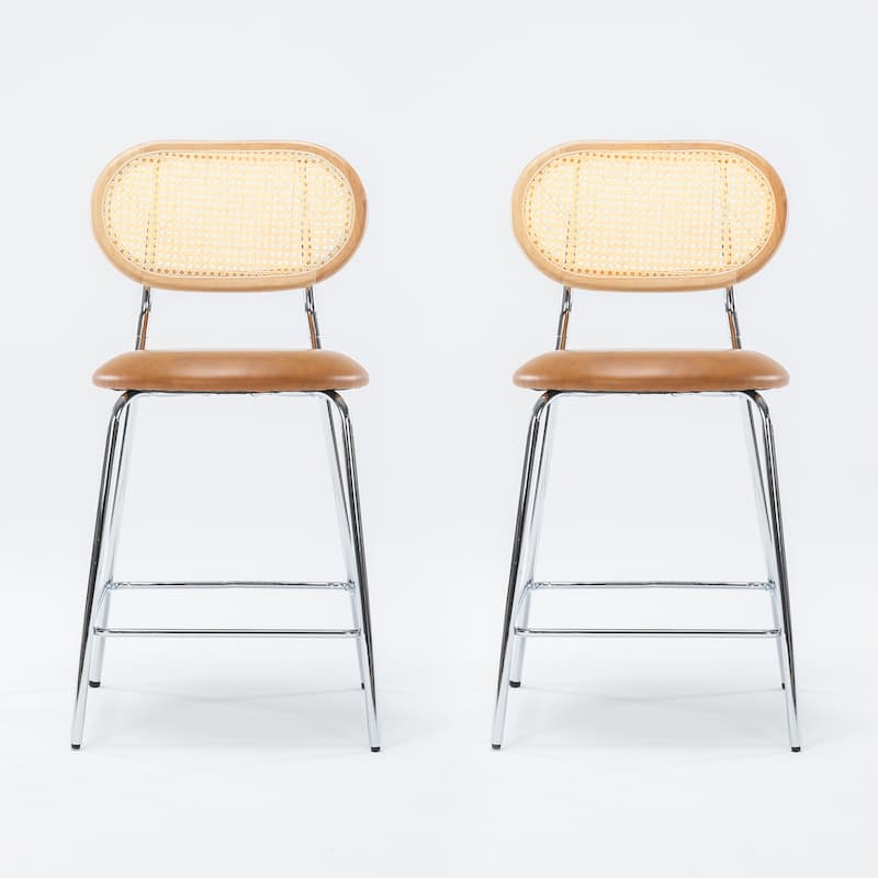 24 in. Rattan Counter Height Bar Stools with Faux Leather Seat (set of 2)