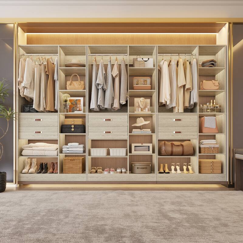 40'' Large Closet System with 10 Shelves and 2 Drawers, Freestanding Closet Organizer with Hanging Rods - 3pcs - Washed Oak