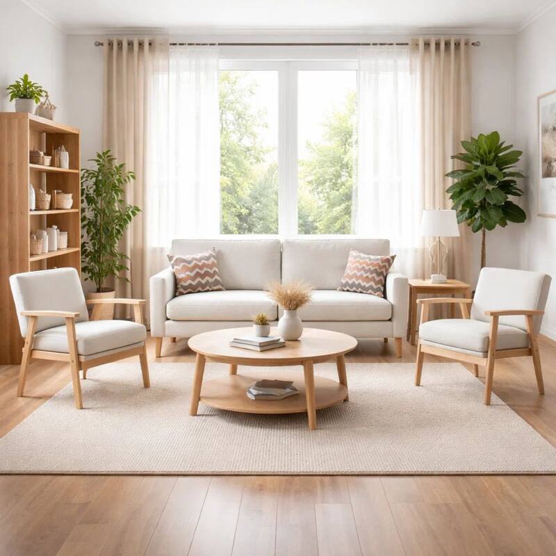 Gala 3 Piece Sofa and Chairs Set, Ivory Fabric, 2 Pillows, Brown Wood Frame